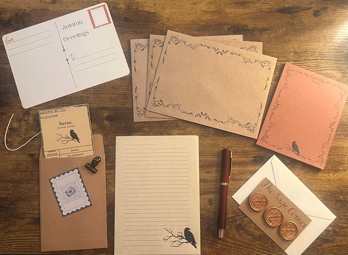 Correspondence Corner Collection flat lay featuring Autumn stationery, correspondence tools, and copper wax seals.