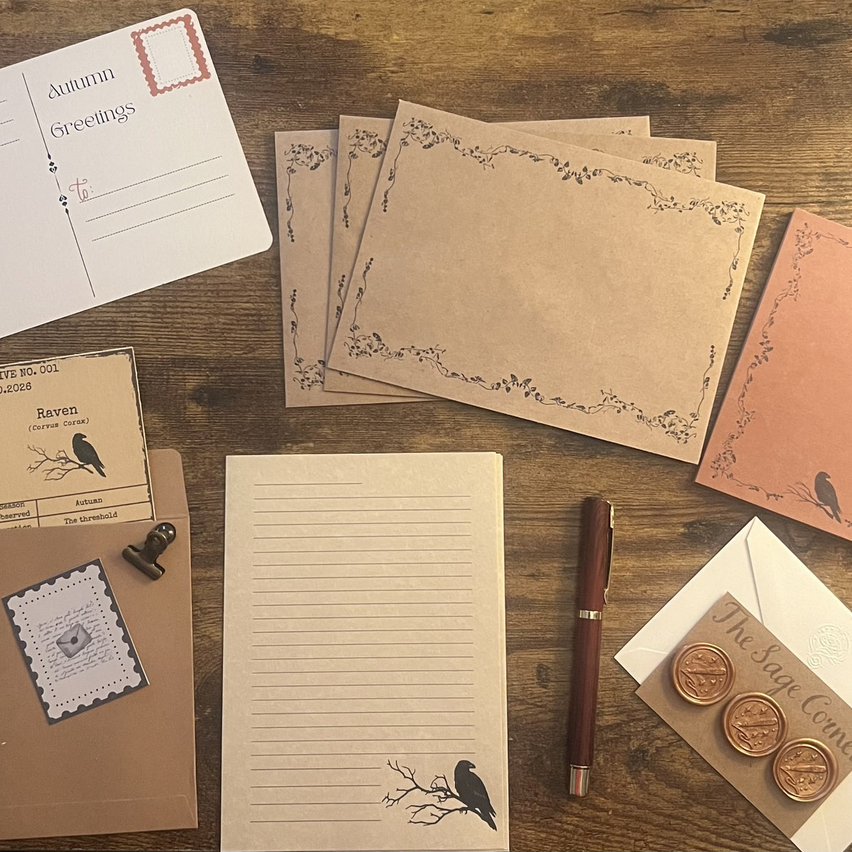 Correspondence Corner — Autumn 2026, flat lay featuring Autumn Greetings postcard, decorated stationery, archive card, correspondence pad, pen, and copper wax seals.
