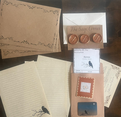 Autumn 2026 Letter Writing Set featuring kraft correspondence cards, lined parchment writing sheets, copper wax seals, Raven archive specimen card, and seasonal letter ephemera.