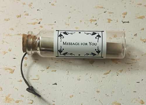 Message in a Bottle: a glass bottle containing a handwritten note, wrapped with a printed Message for You label.