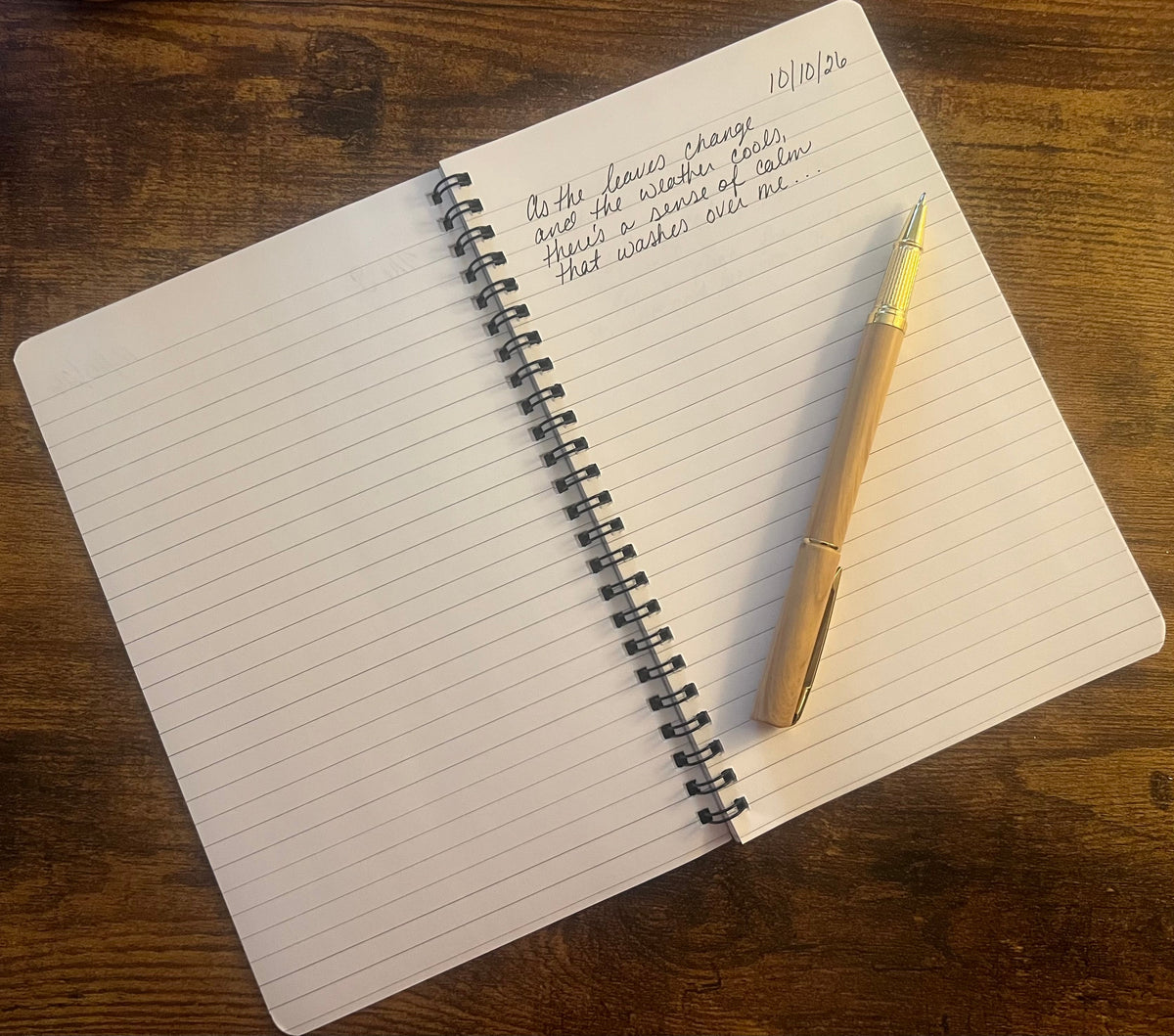 Inside the Autumn Seasonal Notebook, open to lined pages with sample handwritten reflection and a pen.